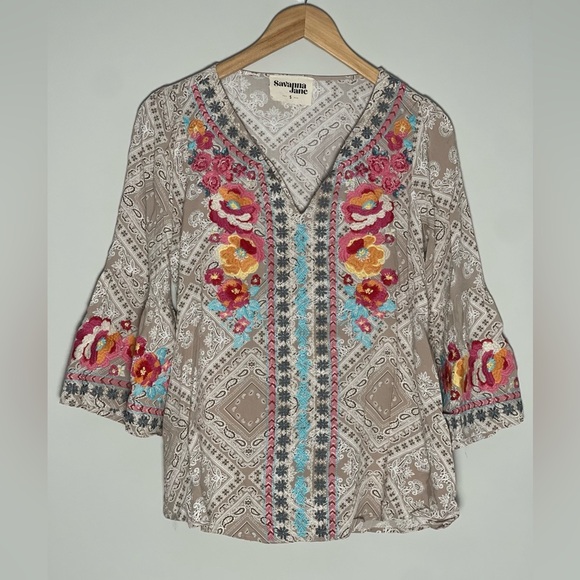 Savanna Jane | Embroidered Paisley Boho Bell Sleeve Top Size Small Festival - Picture 1 of 1